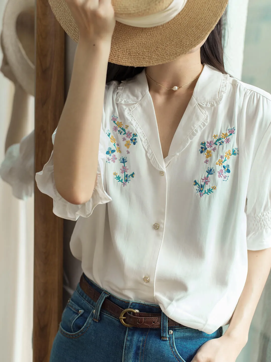 Alicia Floral Embroidery V-Neck Blouse White sold by Simple Retro product image thumbnail 3