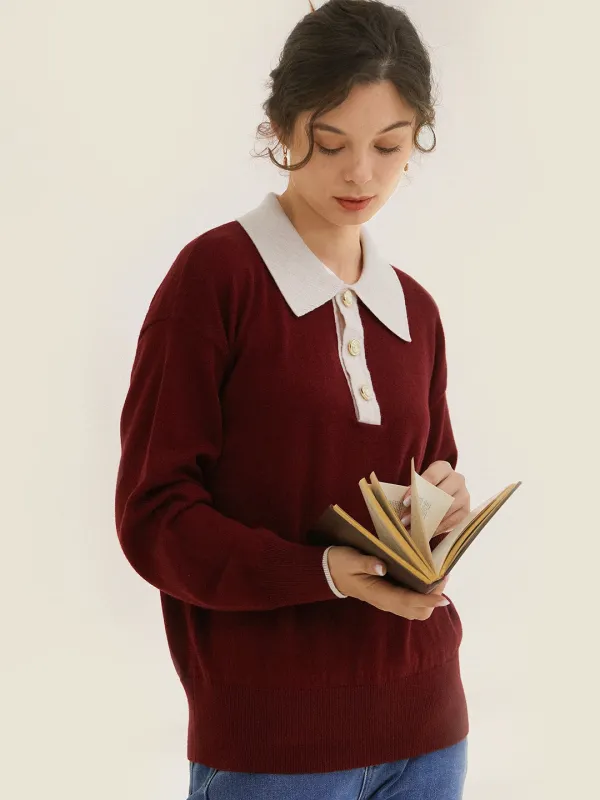 Selena Polo Contrast Collar 100% Wool Wine Red Knit Sweater sold by Simple Retro