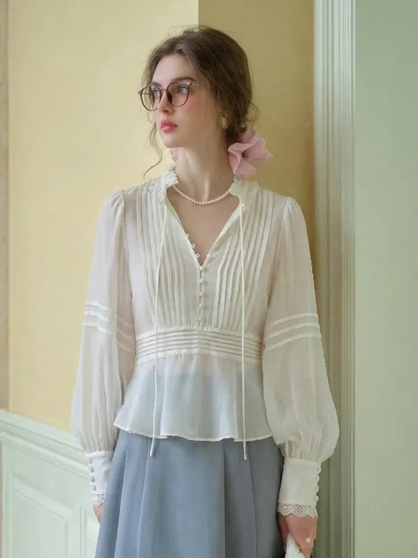 Giovanna V-Neck Accordion Pleats Blouse sold by Simple Retro