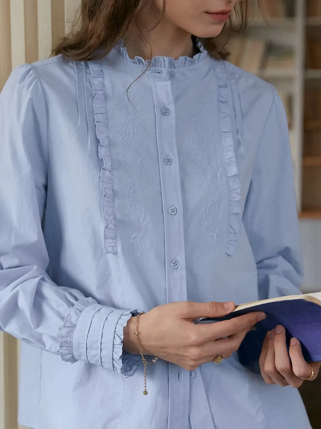 【Final Sale】Kassidy Ruffle Collar Embroidered 100% Cotton Blouse sold by Simple Retro product image thumbnail 5