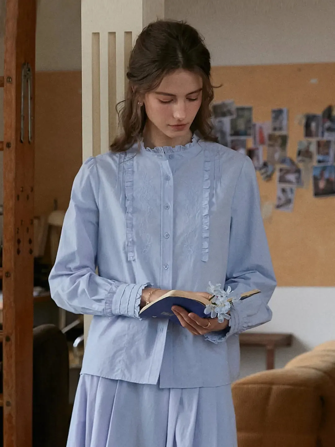 【Final Sale】Kassidy Ruffle Collar Embroidered 100% Cotton Blouse sold by Simple Retro product image thumbnail 3