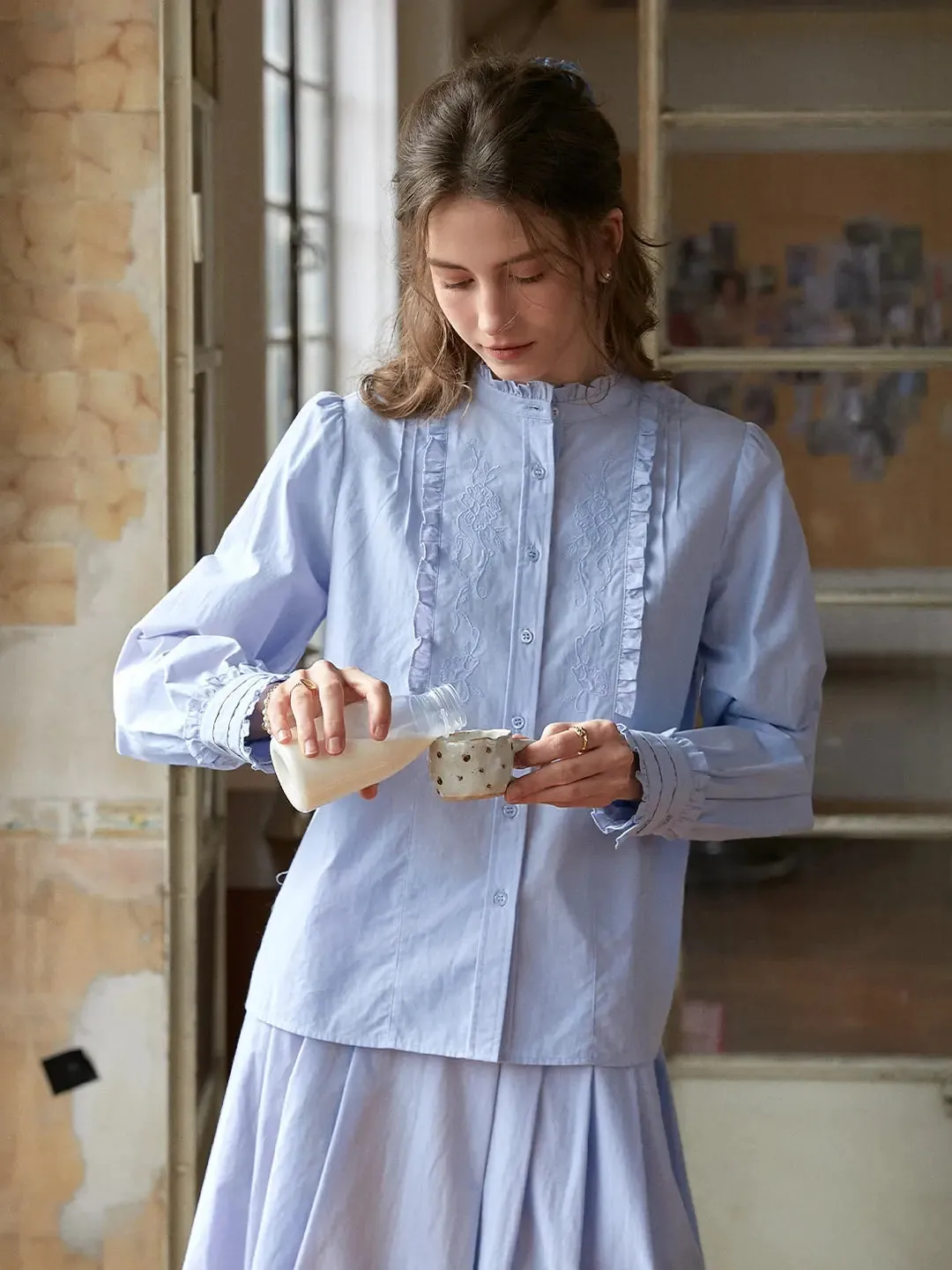 【Final Sale】Kassidy Ruffle Collar Embroidered 100% Cotton Blouse sold by Simple Retro