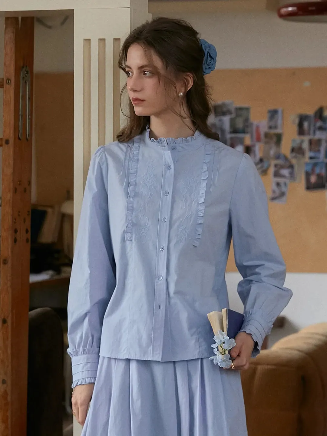 【Final Sale】Kassidy Ruffle Collar Embroidered 100% Cotton Blouse sold by Simple Retro product image thumbnail 4