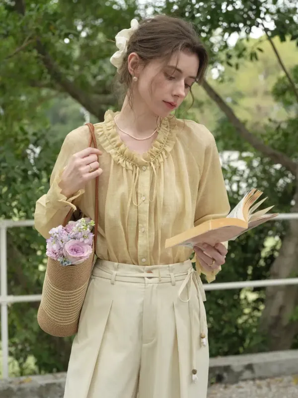 Aura Ruffle Collar Ramie Blouse sold by Simple Retro