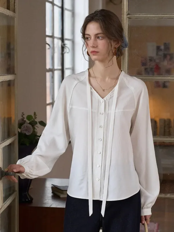 【Final Sale】Saoirse Tie Collar Linen Blouse made by Simple Retro