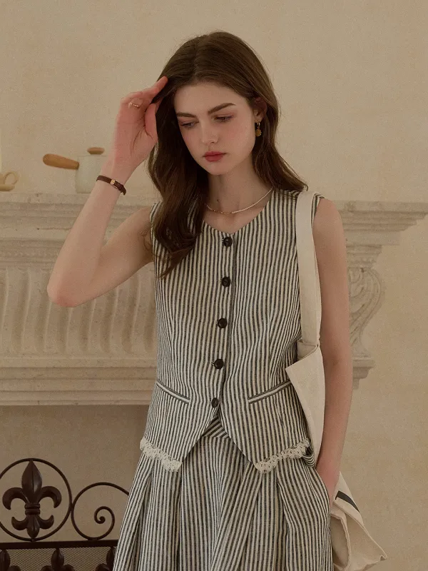 Sofia Round Neck Stripe 100% Linen Vest made by Simple Retro