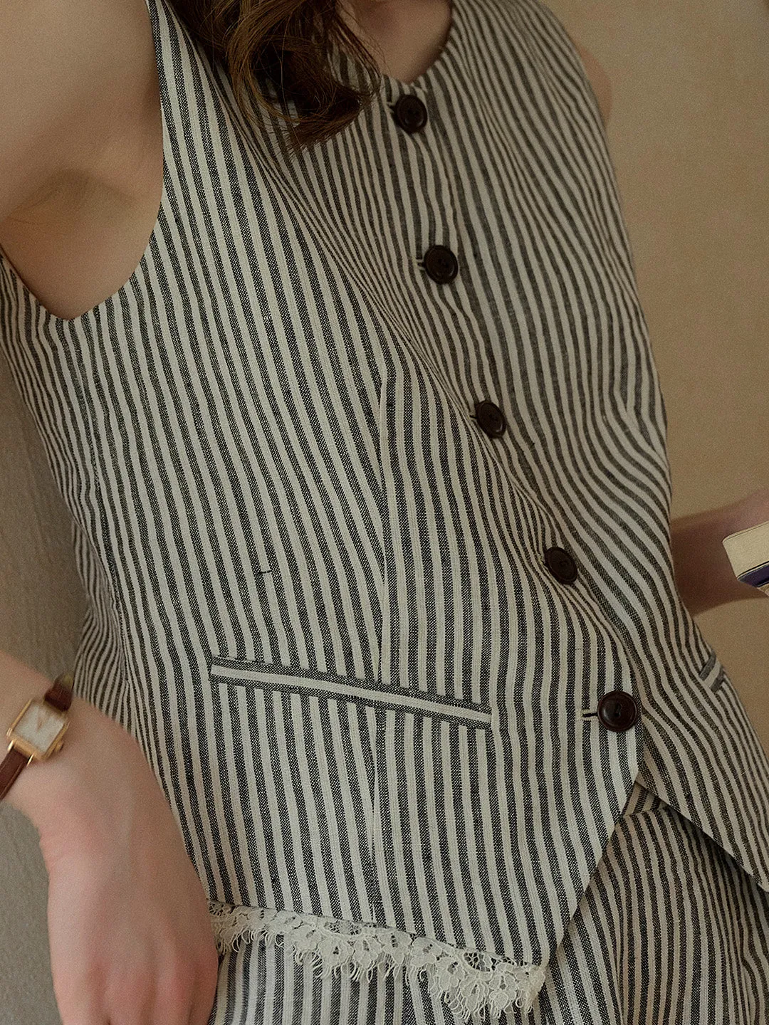 Sofia Round Neck Stripe 100% Linen Vest sold by Simple Retro product image thumbnail 4