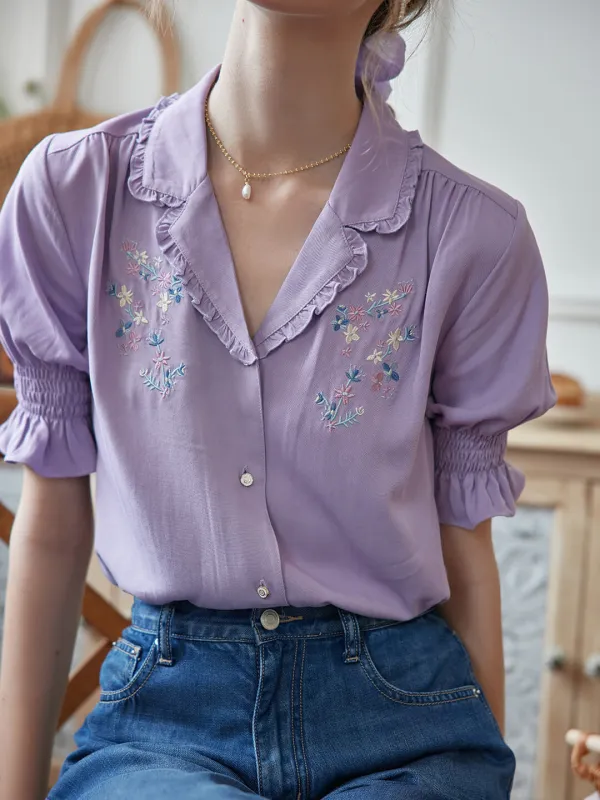 Alicia Floral Embroidery V-Neck Purple Blouse made by Simple Retro