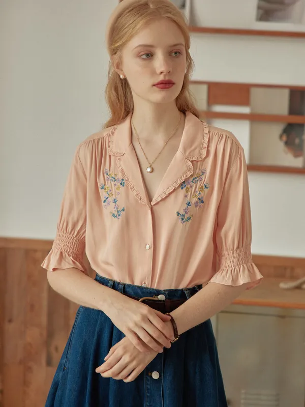 Alicia Floral Embroidery V-Neck Orange Blouse made by Simple Retro