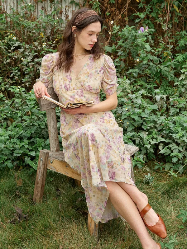 Natasha V-Neck Floral Ruched Sleeve Dress made by Simple Retro