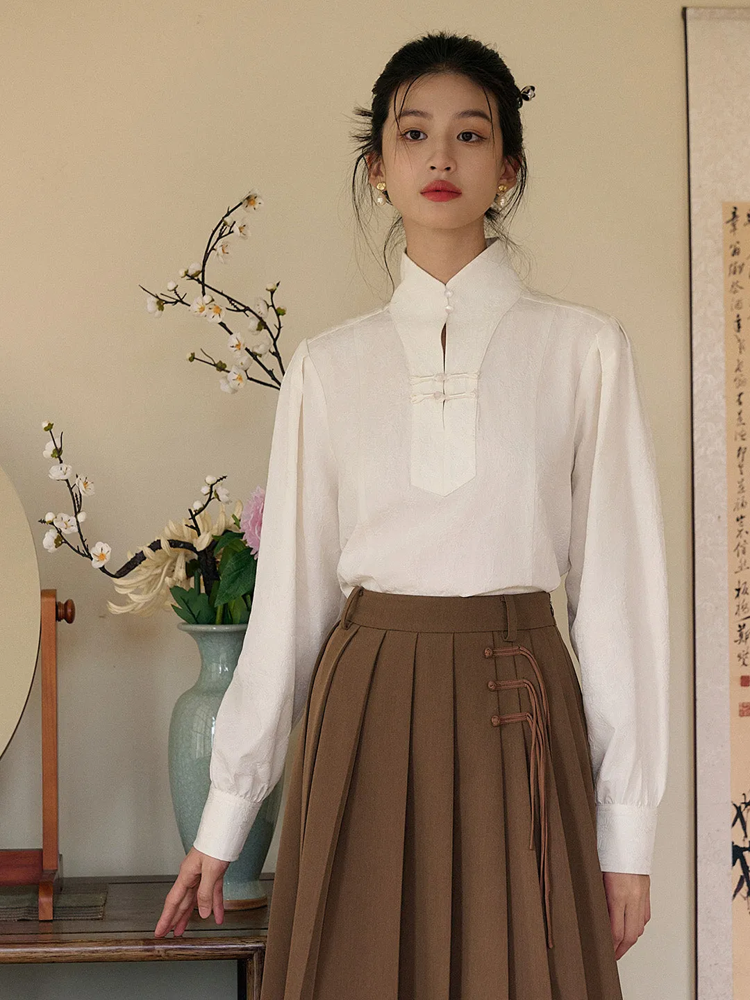 【Final Sale】Dahlia Oriental Frog Button Cotton Blouse sold by Simple Retro