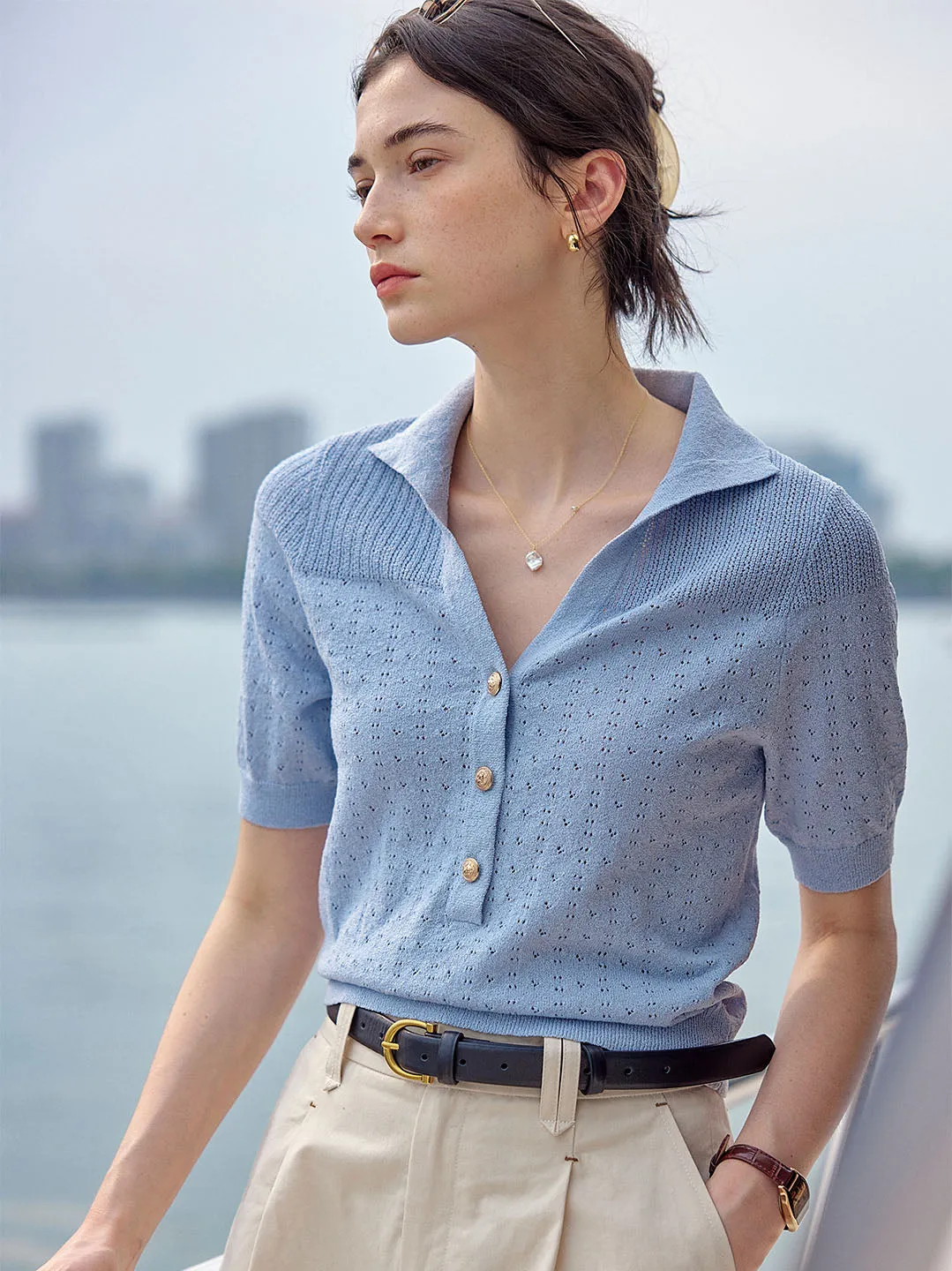 【Final Sale】Florence Polo Neck Short Sleeve Knit sold by Simple Retro