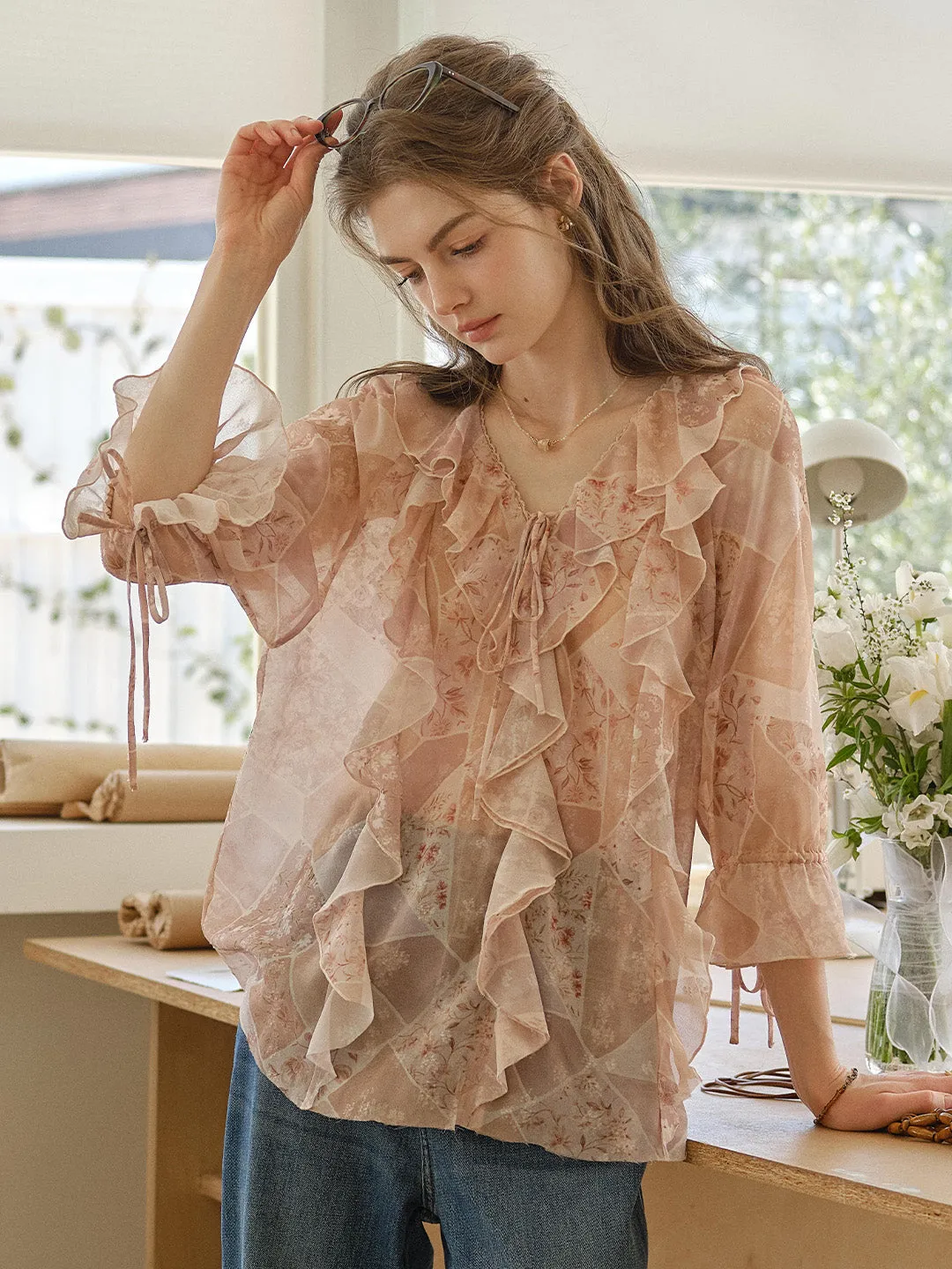 Marlowe Round Neck Ruffle Blouse sold by Simple Retro