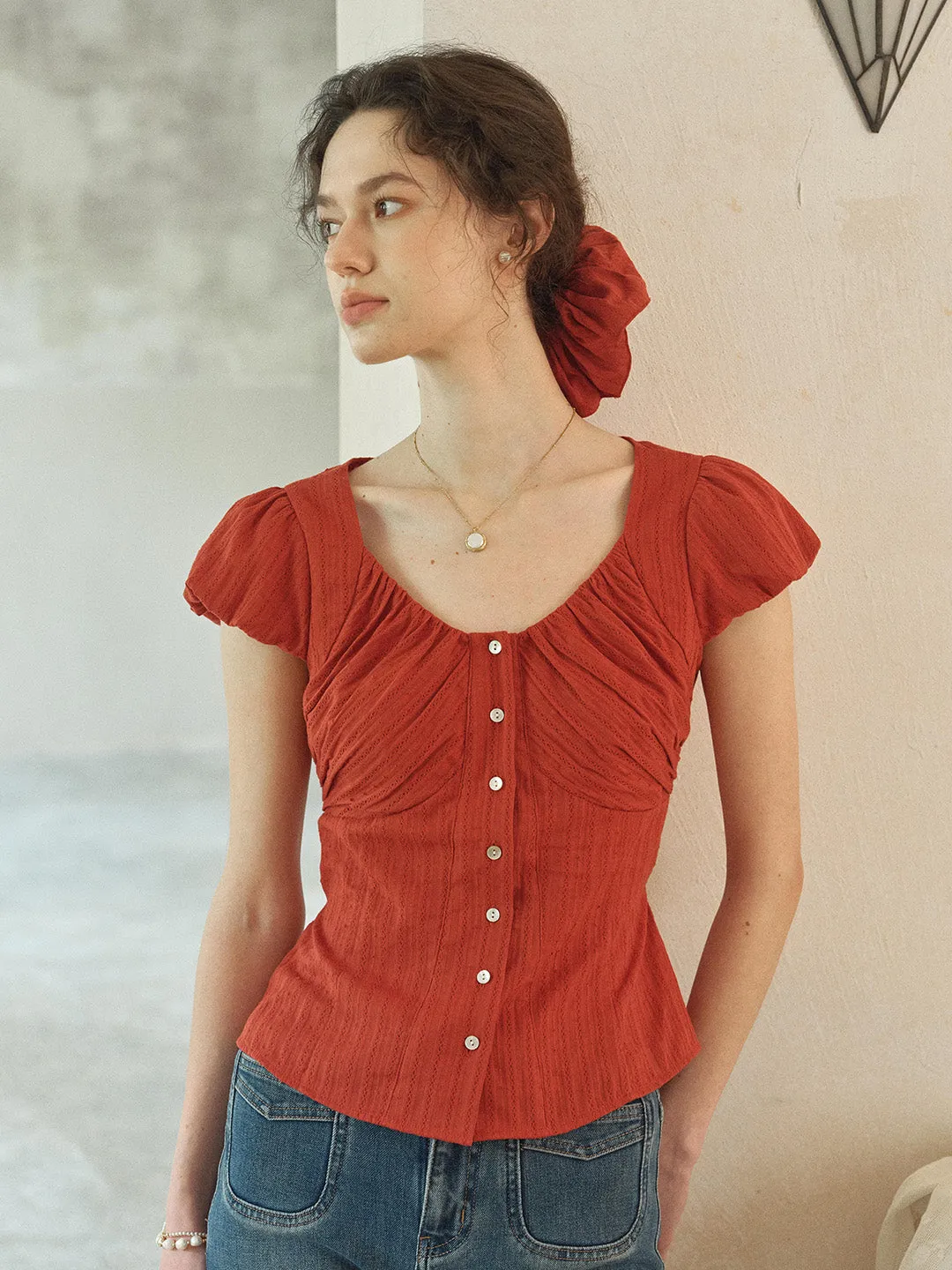 Lacey Round Neck Waist 100% Cotton Blouse sold by Simple Retro