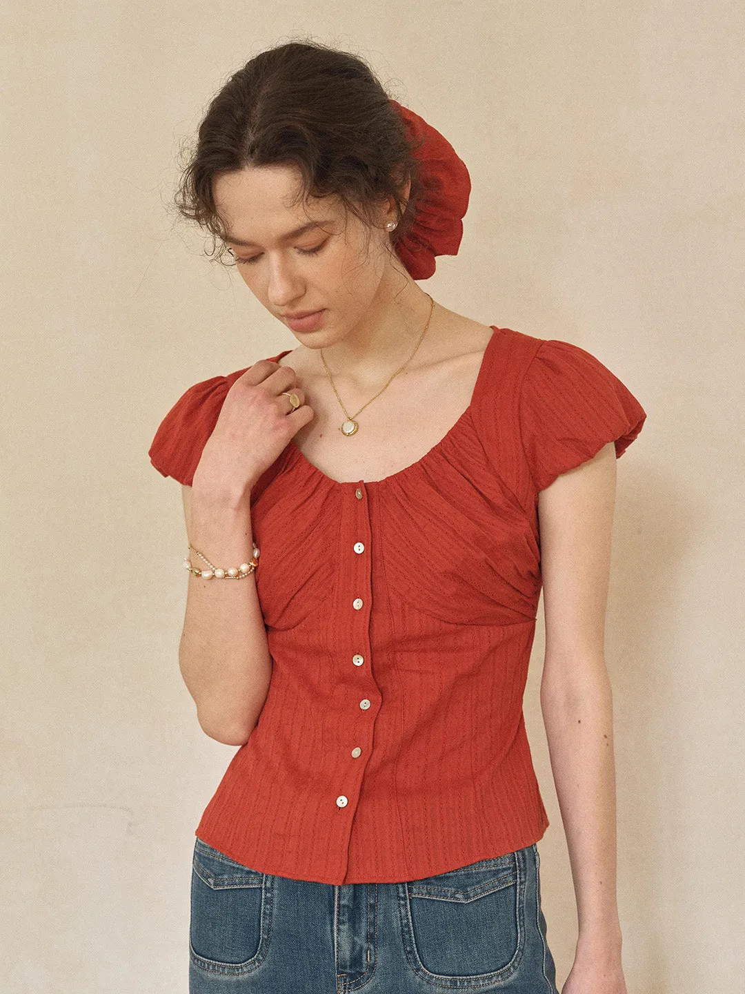 Lacey Round Neck Waist 100% Cotton Blouse sold by Simple Retro product image thumbnail 4