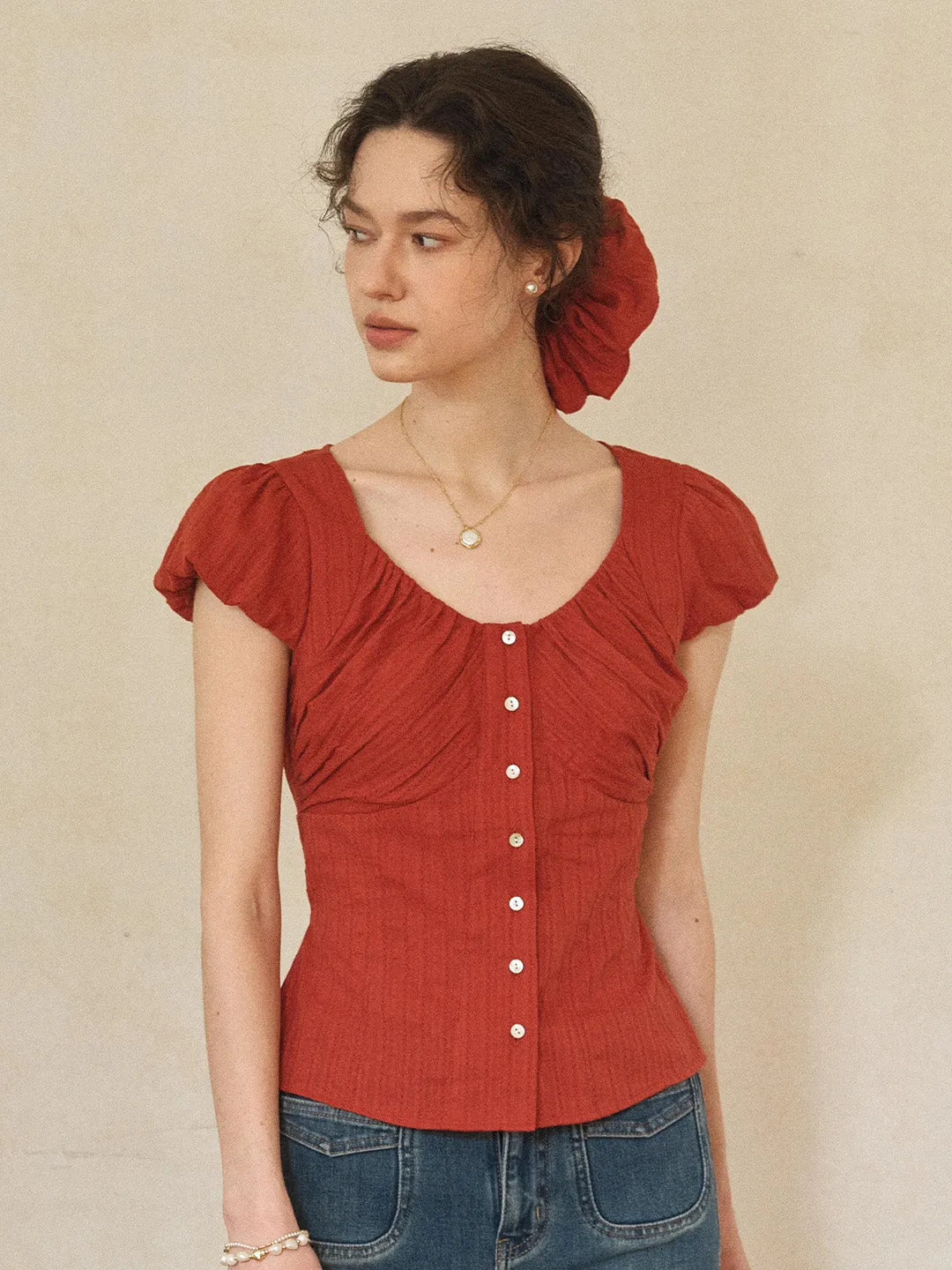 Lacey Round Neck Waist 100% Cotton Blouse sold by Simple Retro product image thumbnail 5