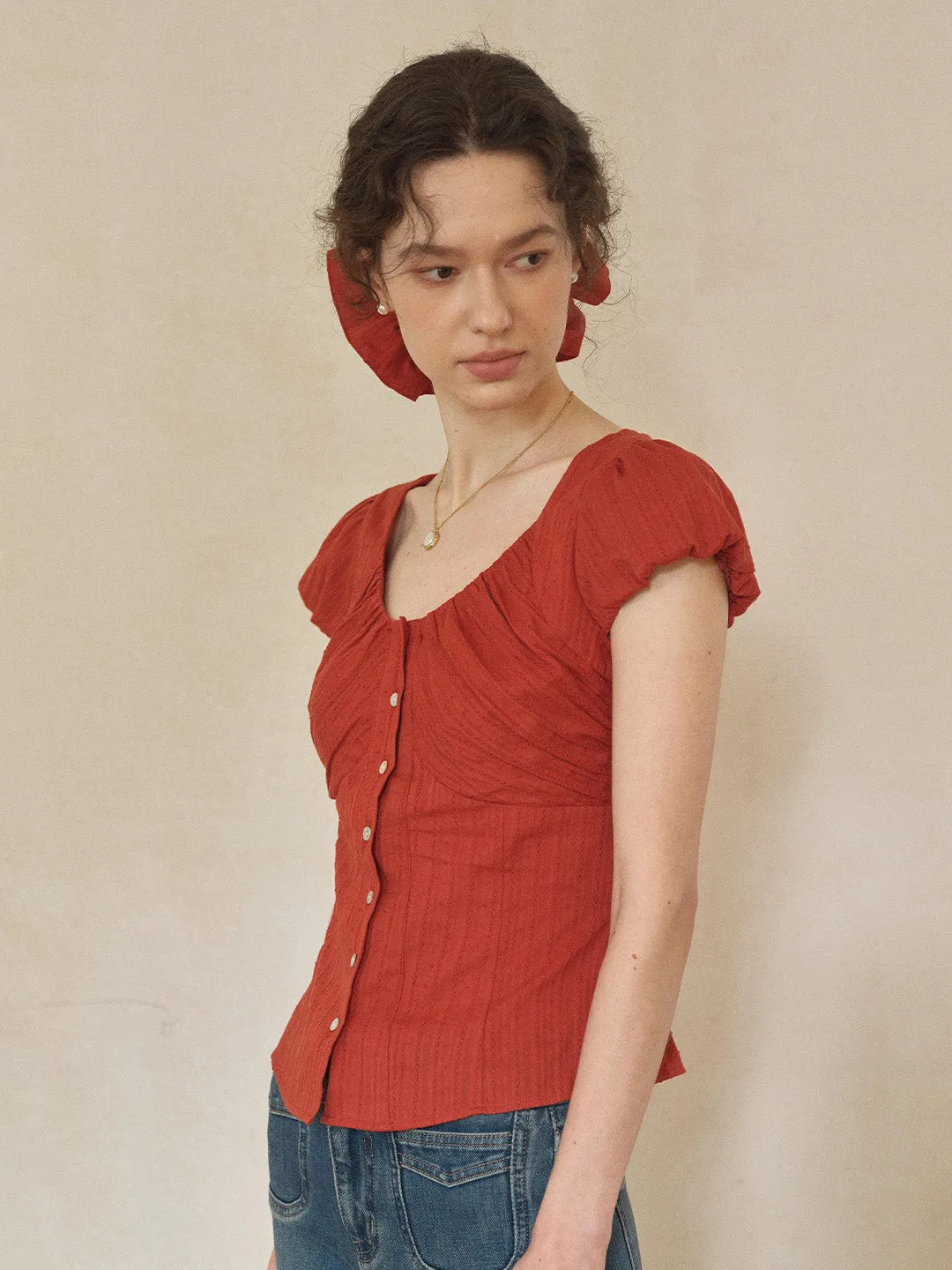 Lacey Round Neck Waist 100% Cotton Blouse sold by Simple Retro product image thumbnail 2