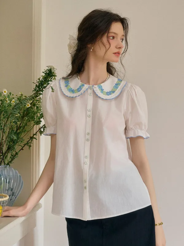 【Final Sale】Olivia Peter Pan Collar Embroidery 100% Cotton Blouse made by Simple Retro