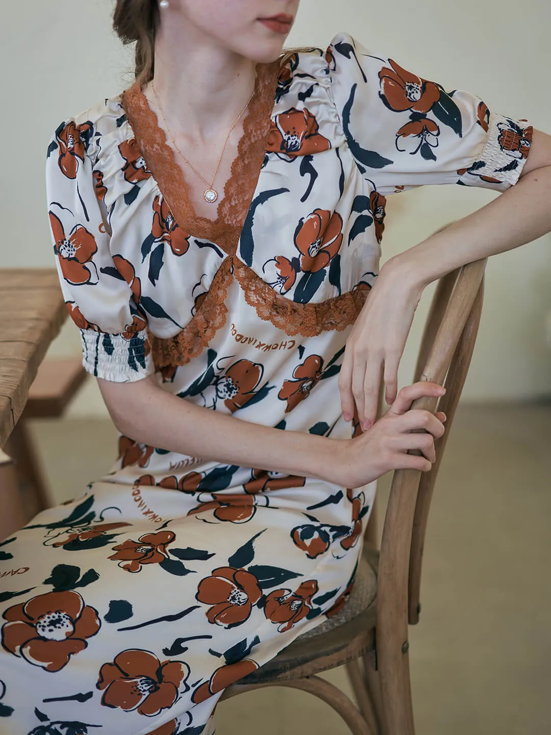 【Final Sale】Chowxiaodou Camellia Printed Red Midi Dress sold by Simple Retro
