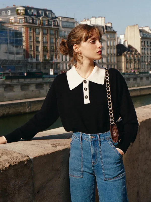 Selena Polo Contrast Collar 100% Wool Knit Sweater made by Simple Retro