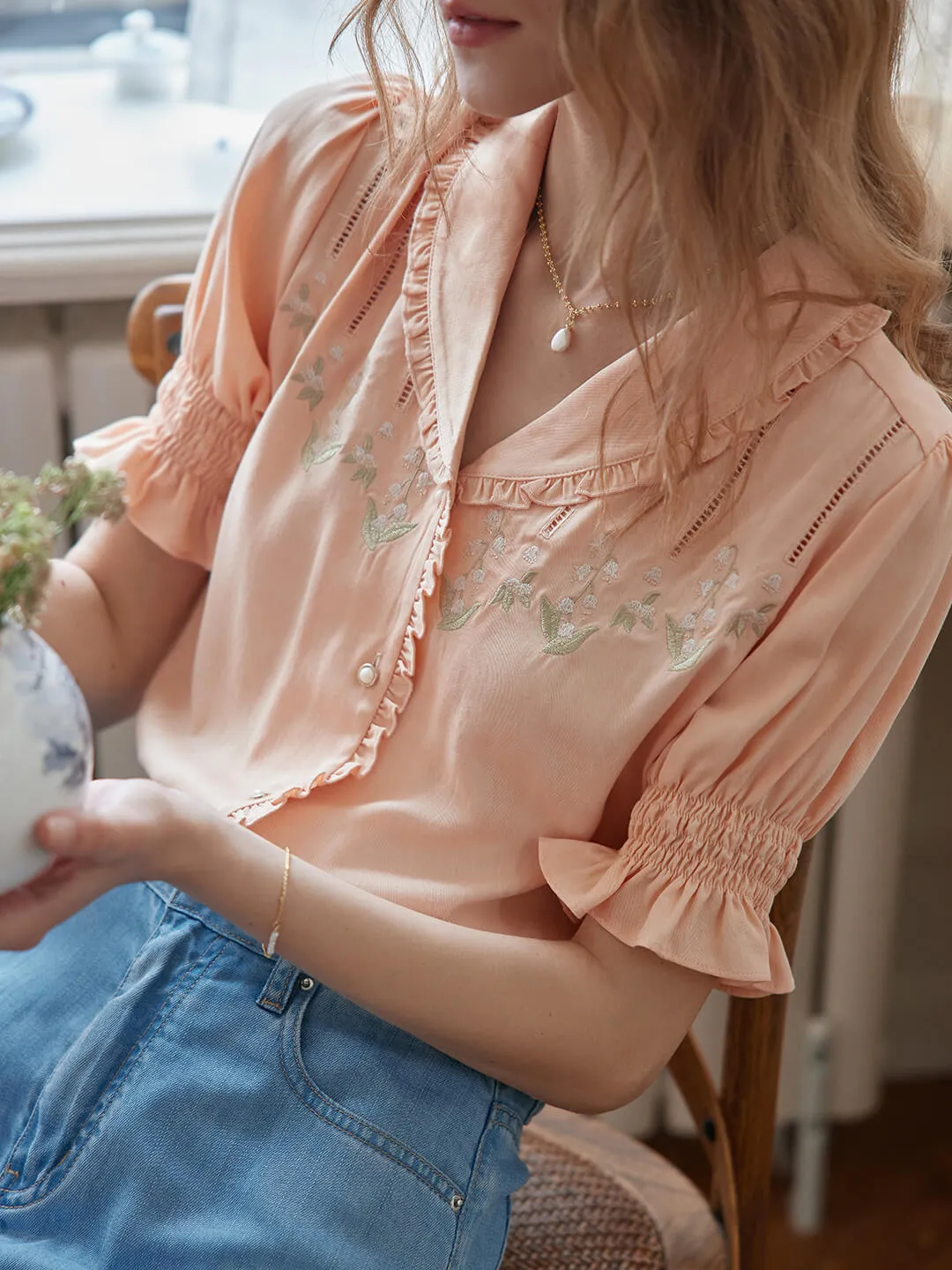 Alicia Floral Embroidery V-Neck Blouse sold by Simple Retro product image thumbnail 5