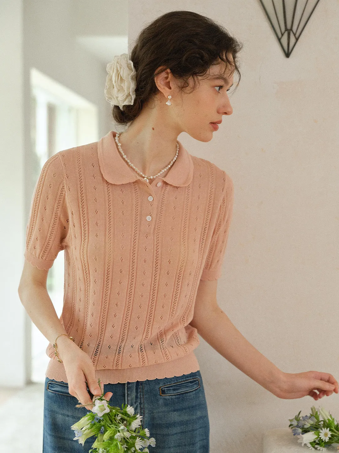Camila Polo Collar Retro Texture Linen Knit Top sold by Simple Retro product image thumbnail 4