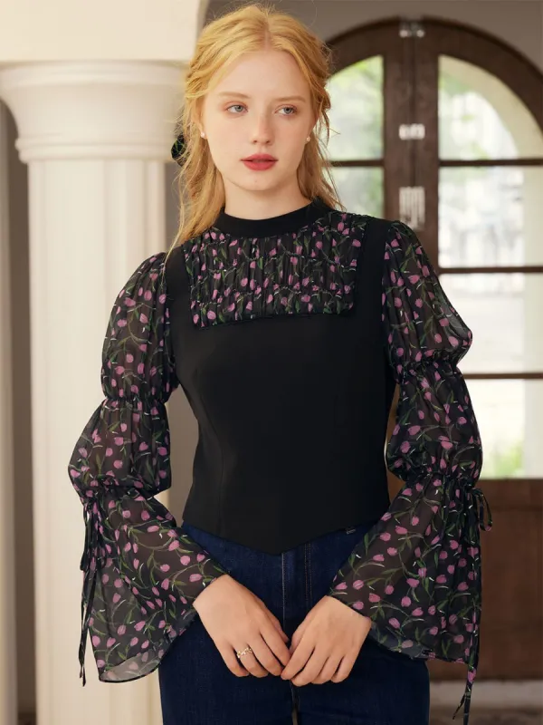 【Final Sale】Juliette Mock Neck Floral Patchwork Puff Sleeve Blouse sold by Simple Retro