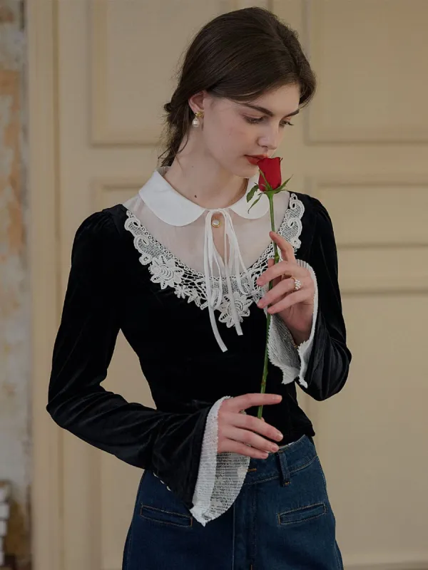 Kehlani Dolly Collar Lace Patchwork Bow Velvet Blouse sold by Simple Retro