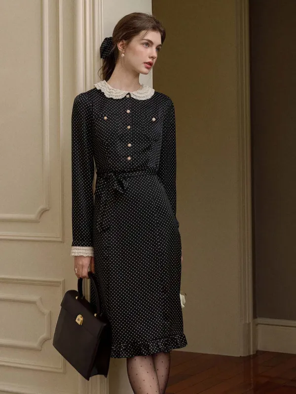 Angela Peter Pan Collar Lace Patchwork Polka Dot Print Dress sold by Simple Retro