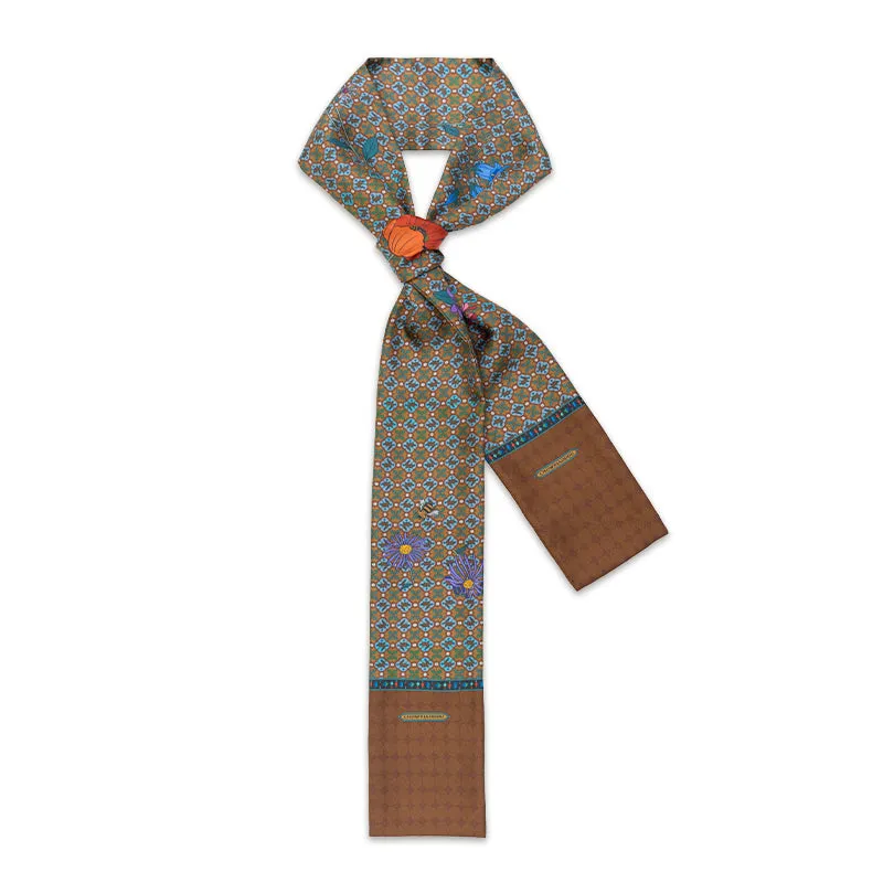 Chowxiaodou Printed Twill Silk Narrow Scarf-Brown sold by Simple Retro