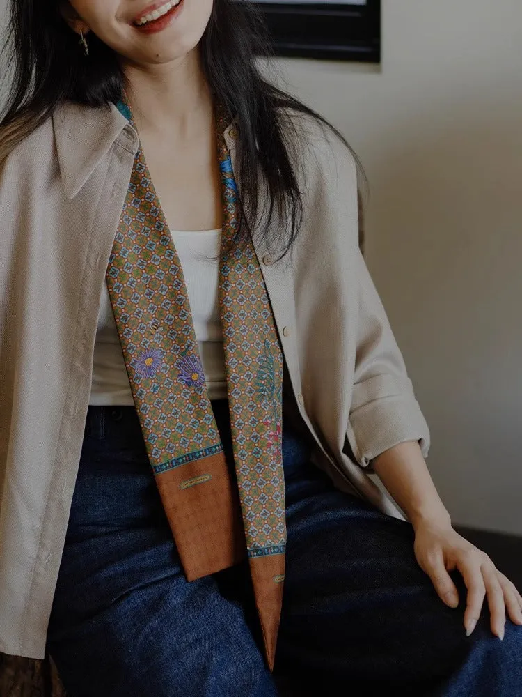 Chowxiaodou Printed Twill Silk Narrow Scarf-Brown sold by Simple Retro product image thumbnail 2