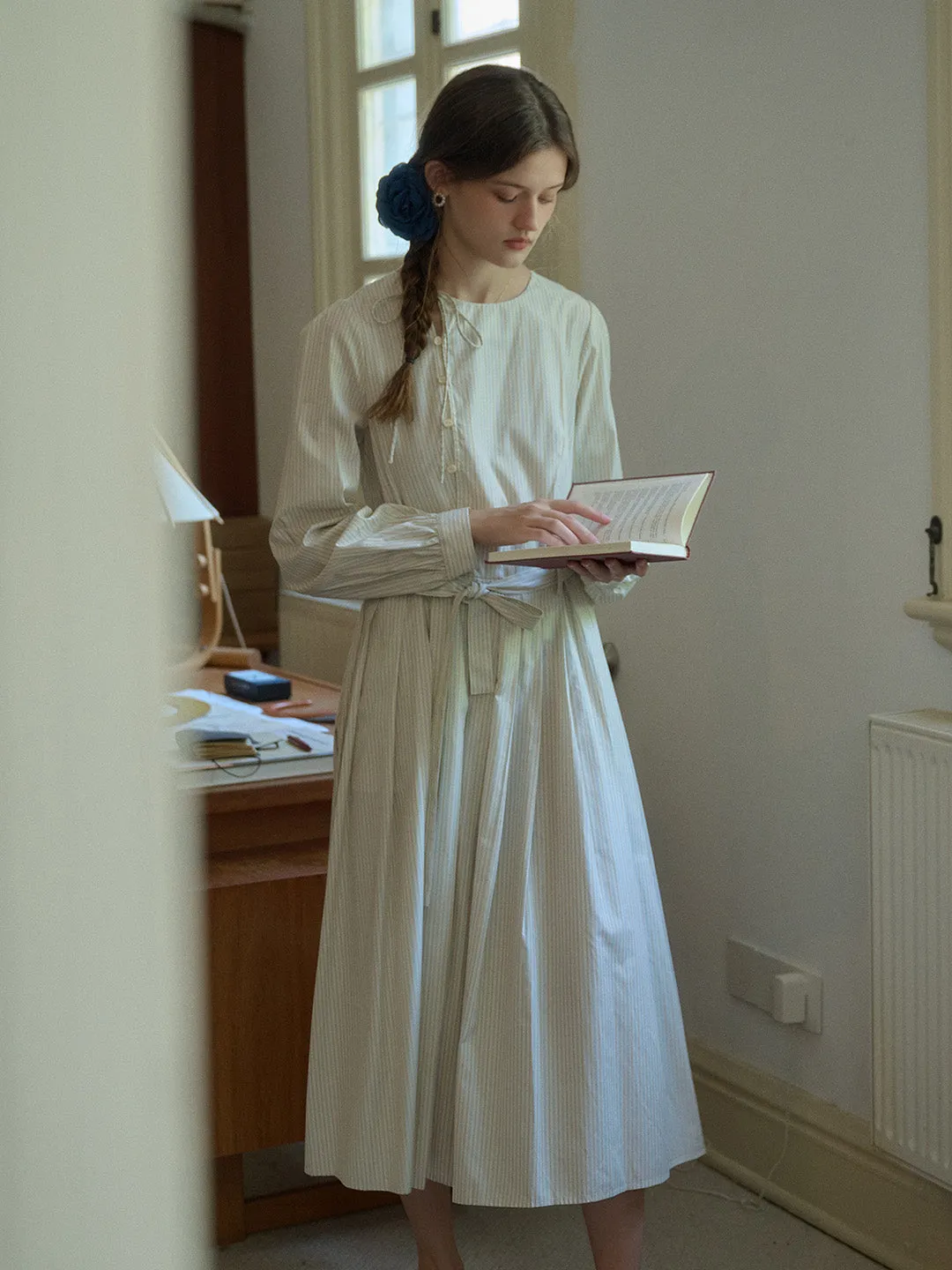 Marie Round Neck Bow Front Button Striped A-Line Dress sold by Simple Retro product image thumbnail 2