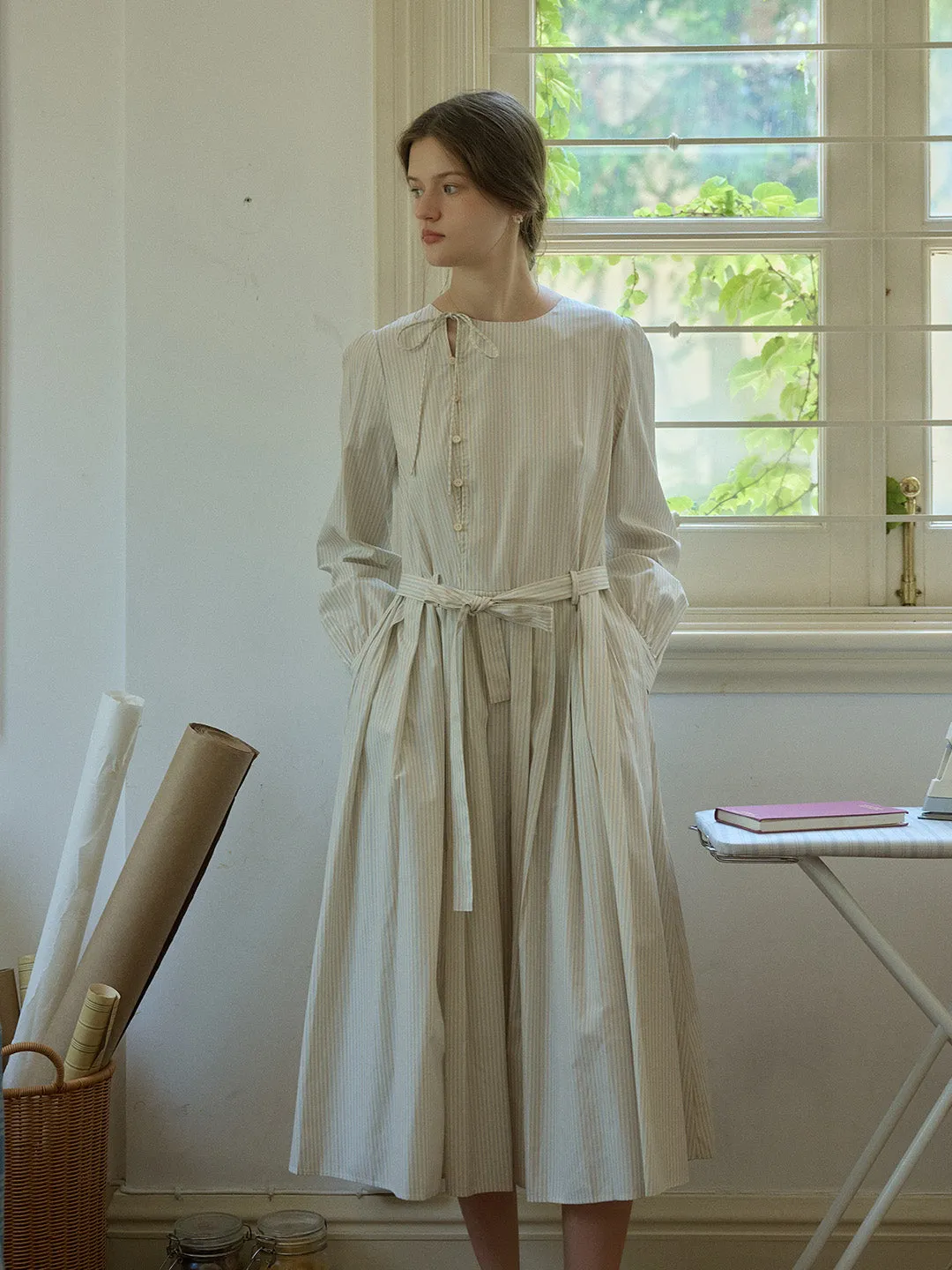 Marie Round Neck Bow Front Button Striped A-Line Dress sold by Simple Retro product image thumbnail 5