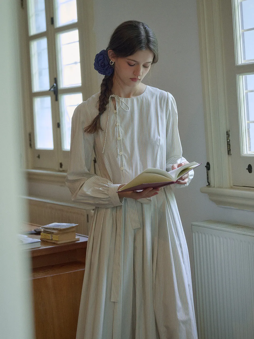 Marie Round Neck Bow Front Button Striped A-Line Dress sold by Simple Retro product image thumbnail 3