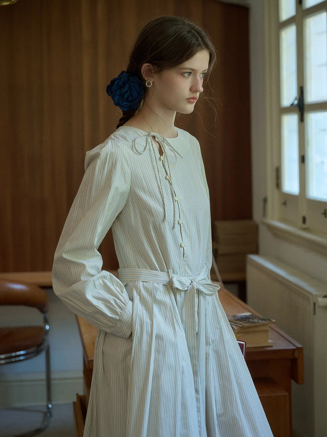 Marie Round Neck Bow Front Button Striped A-Line Dress sold by Simple Retro product image thumbnail 4