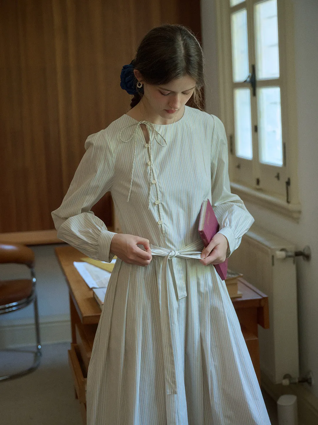 Marie Round Neck Bow Front Button Striped A-Line Dress sold by Simple Retro