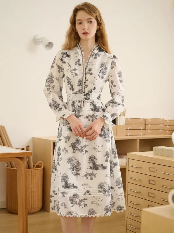 Lyric Printed Stand Collar Midi White Dress sold by Simple Retro