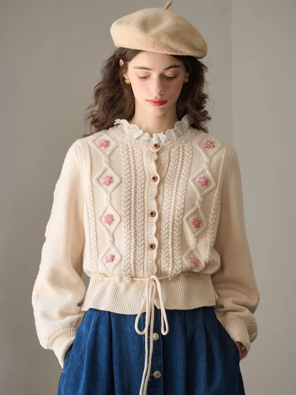 Willow Floral Embroidery Lantern Sleeve Knot Hem Knit Cardigan-Off-white sold by Simple Retro