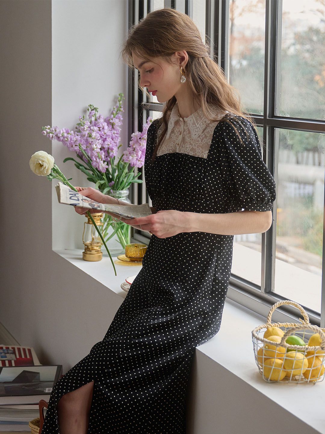 Blair Shirt Collar Lace Splice Polka Dot Dress sold by Simple Retro product image thumbnail 2