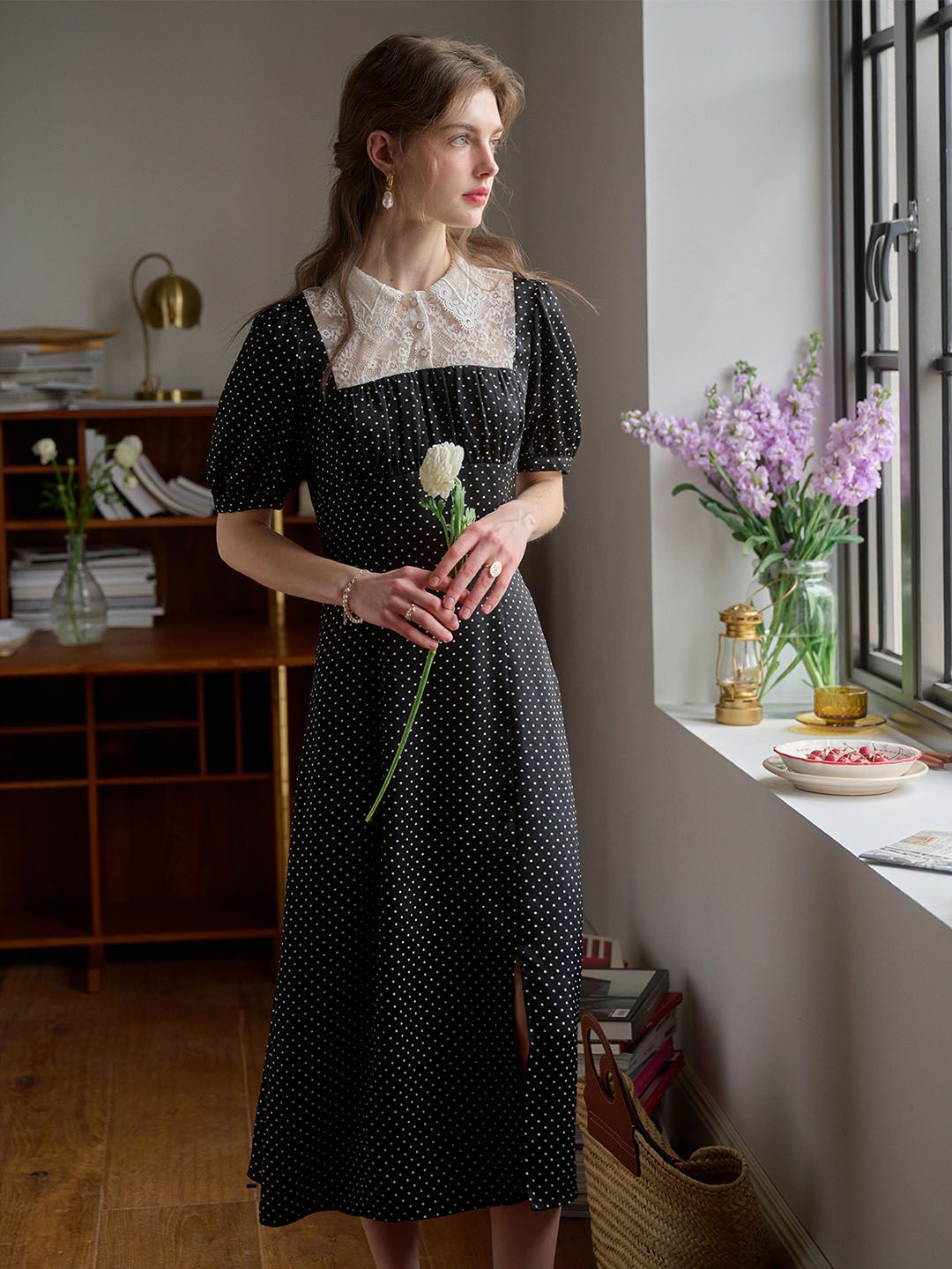 Blair Shirt Collar Lace Splice Polka Dot Dress sold by Simple Retro