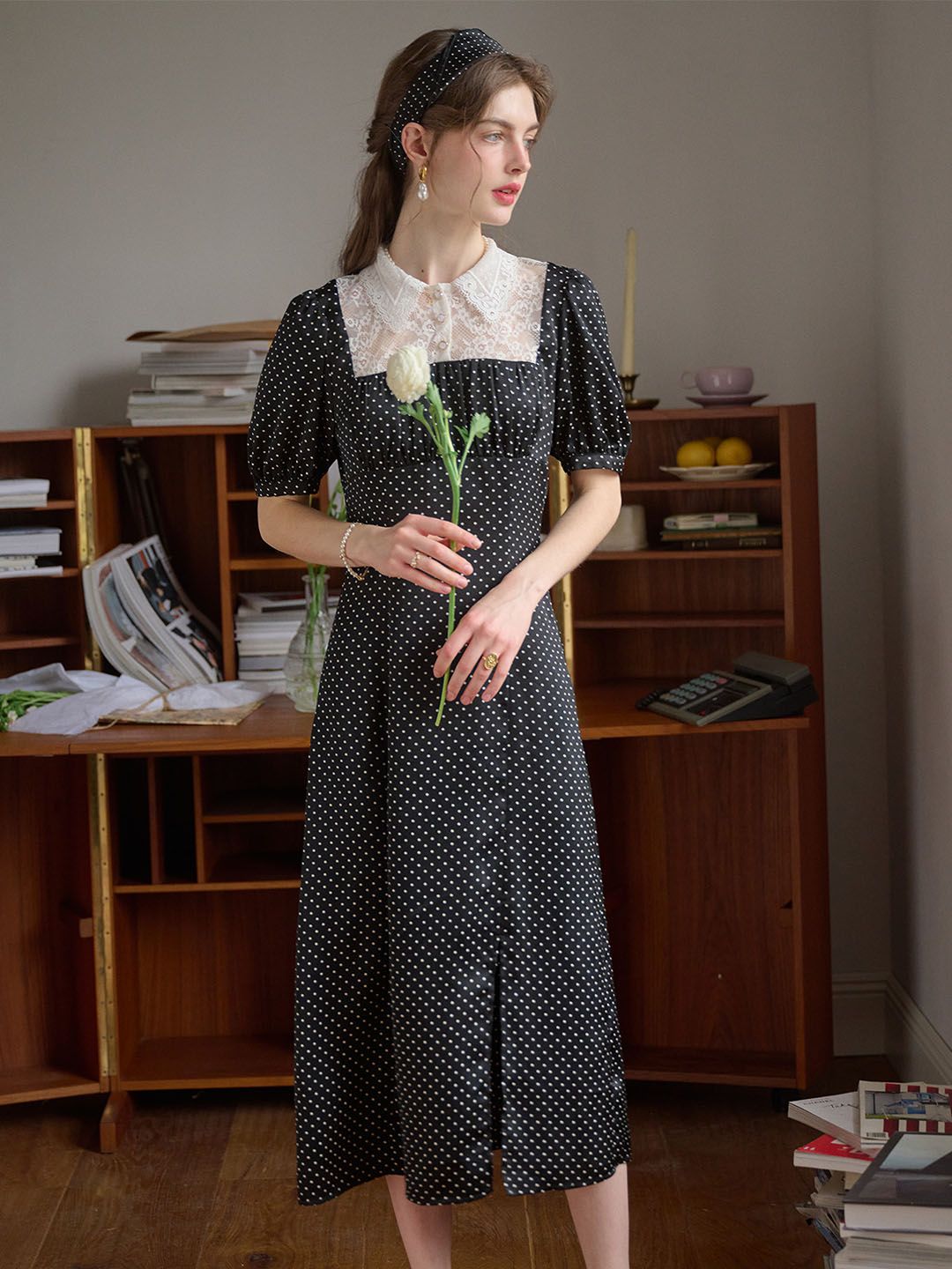 Blair Shirt Collar Lace Splice Polka Dot Dress sold by Simple Retro product image thumbnail 3