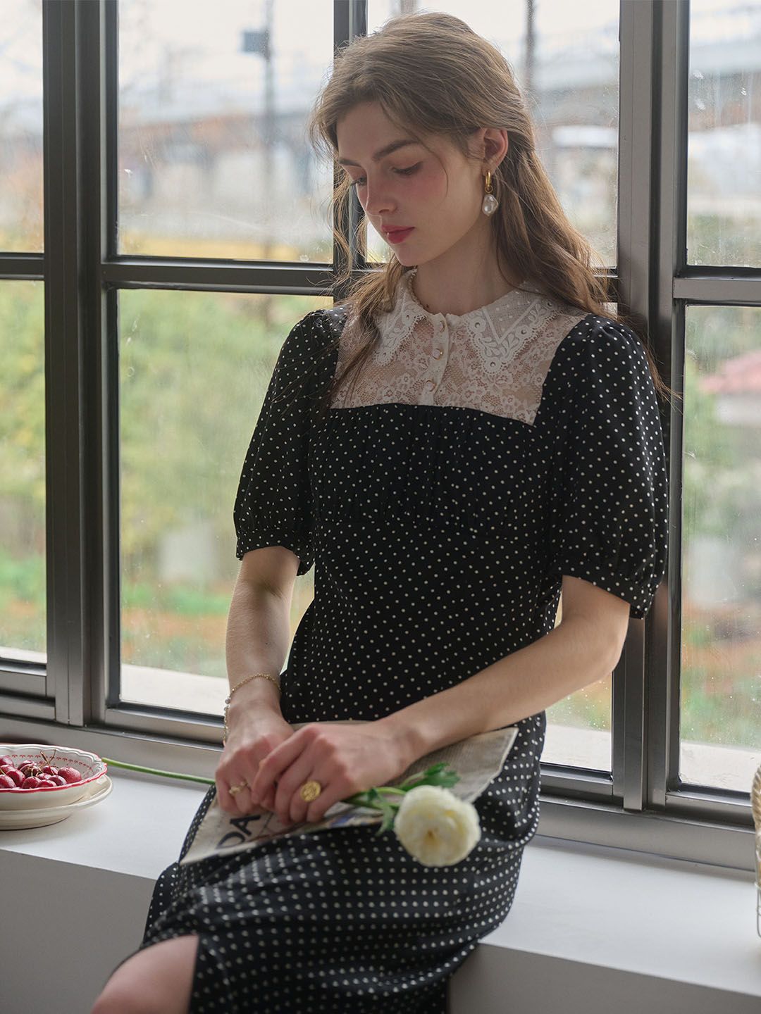 Blair Shirt Collar Lace Splice Polka Dot Dress sold by Simple Retro product image thumbnail 5