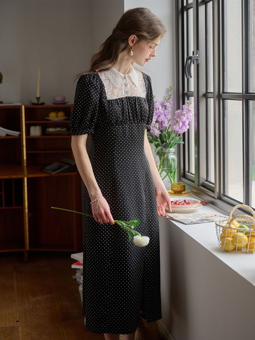 Blair Shirt Collar Lace Splice Polka Dot Dress sold by Simple Retro product image thumbnail 4