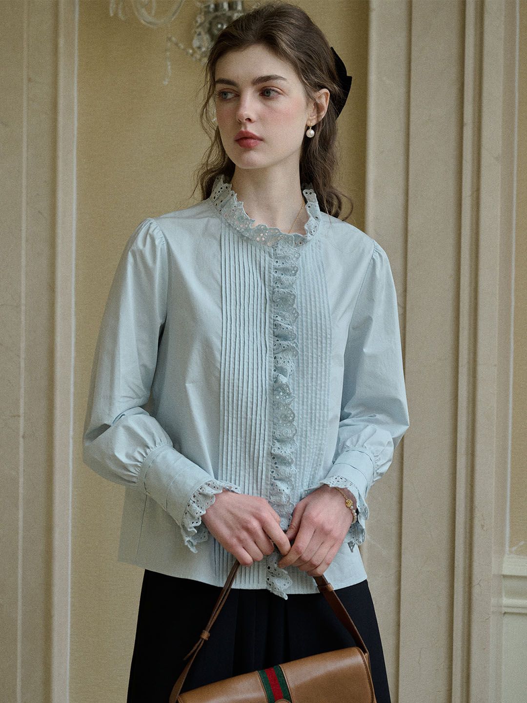 Jordyn Hollow Lace Patchwork Crew Neck Blouse sold by Simple Retro product image thumbnail 2