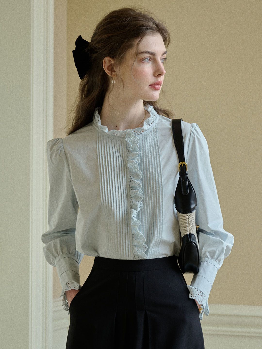 Jordyn Hollow Lace Patchwork Crew Neck Blouse sold by Simple Retro product image thumbnail 3