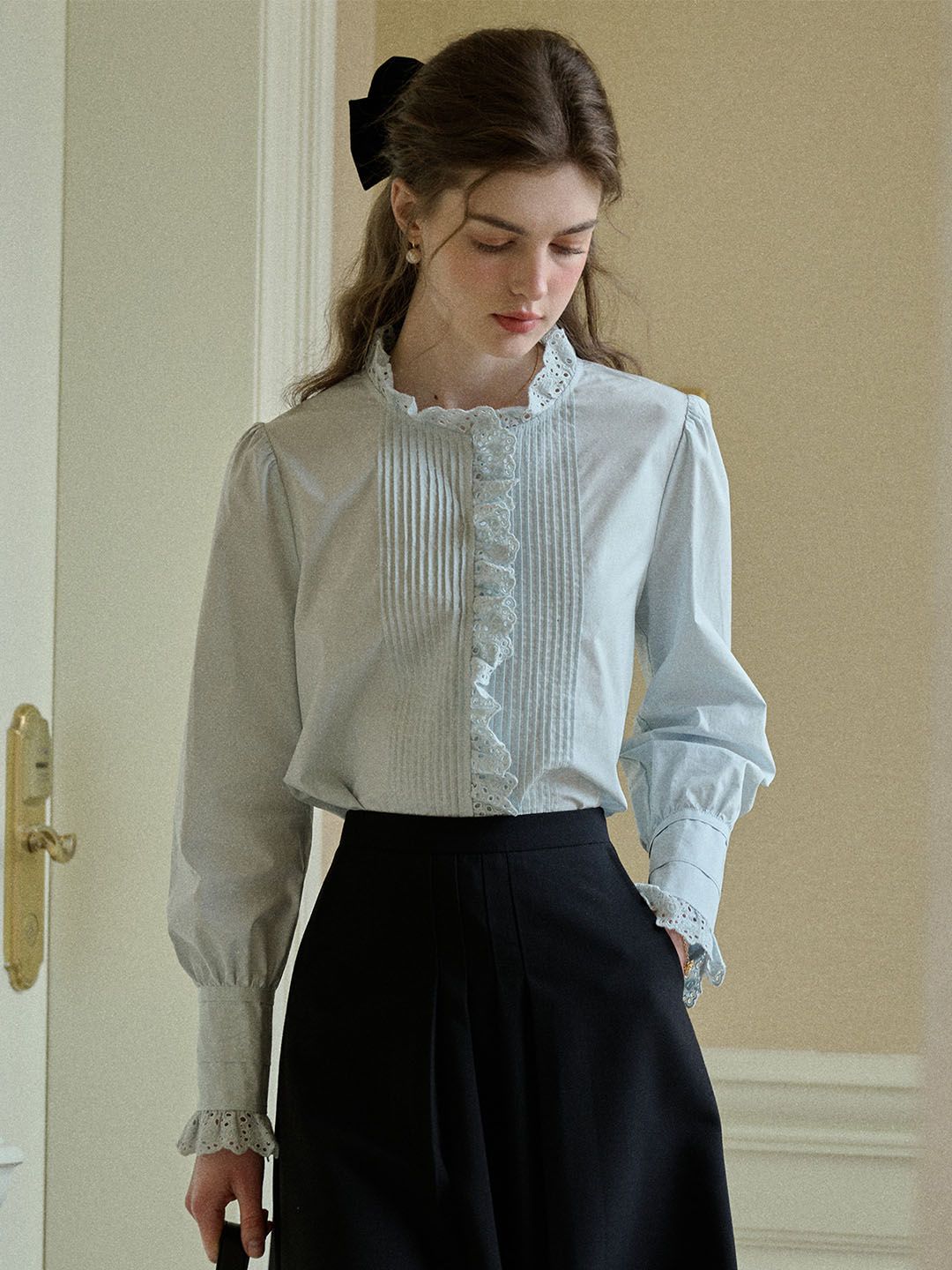 Jordyn Hollow Lace Patchwork Crew Neck Blouse sold by Simple Retro