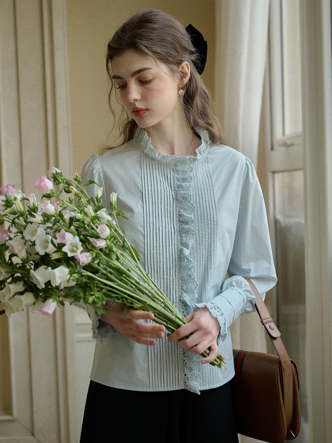 Jordyn Hollow Lace Patchwork Crew Neck Blouse sold by Simple Retro product image thumbnail 5