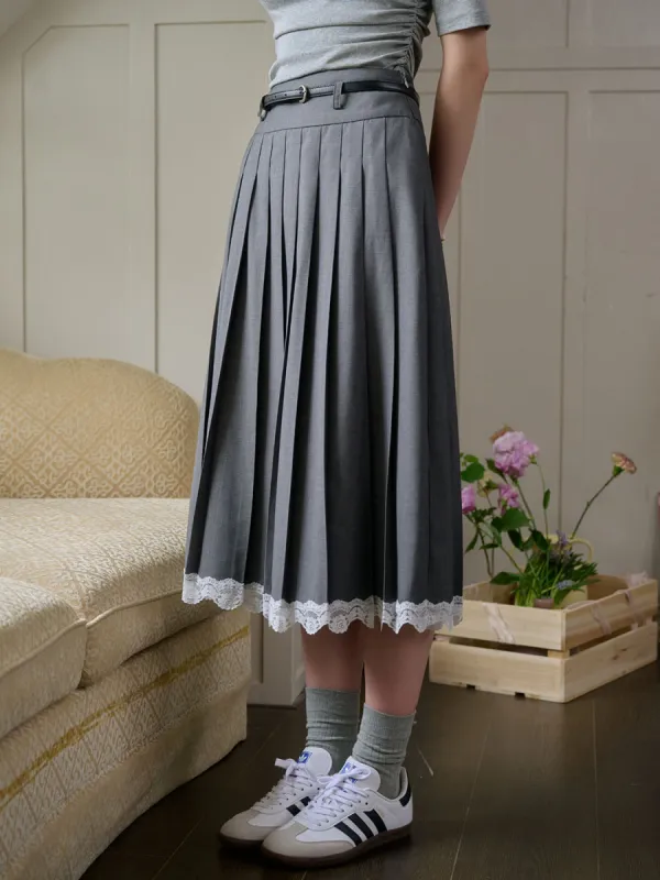 Mariam Contrast Lace Panel Hem Pleated Skirt sold by Simple Retro