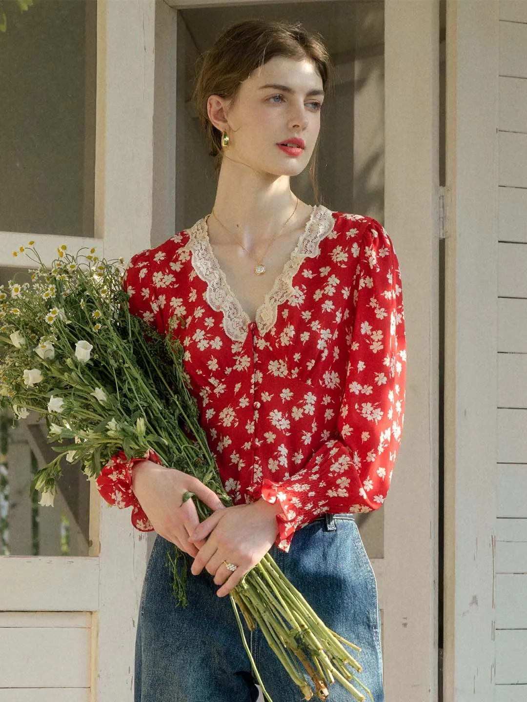 【Final Sale】Stevie Vintage Lace Patchwork V-neck Blouse sold by Simple Retro