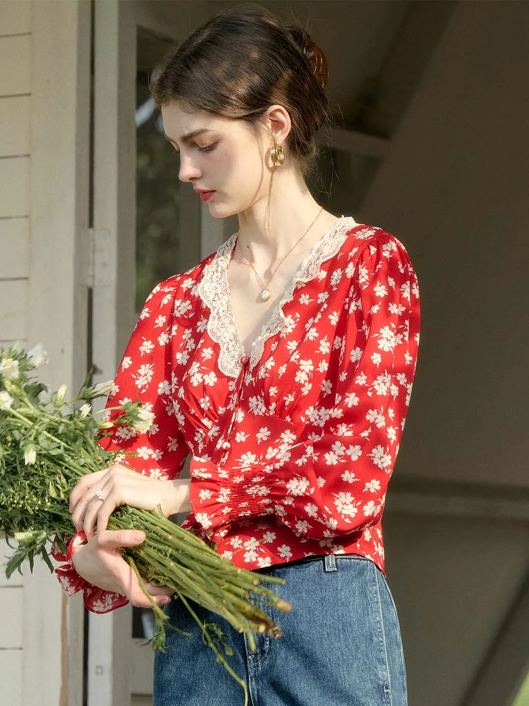 【Final Sale】Stevie Vintage Lace Patchwork V-neck Blouse sold by Simple Retro product image thumbnail 2